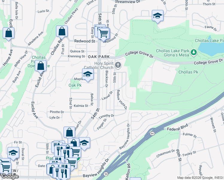 map of restaurants, bars, coffee shops, grocery stores, and more near 2450 55th Street in San Diego