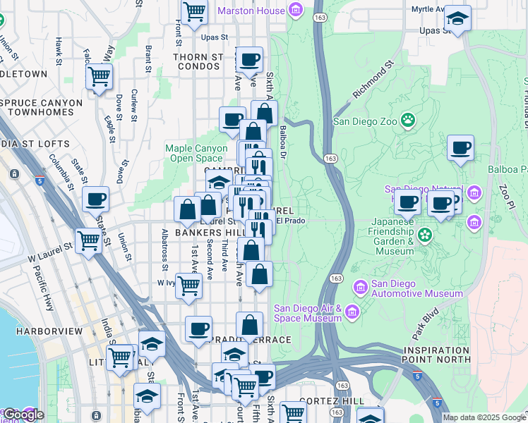 map of restaurants, bars, coffee shops, grocery stores, and more near 2500 Sixth Avenue in San Diego