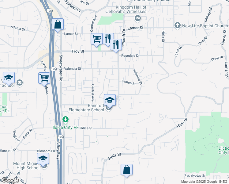 map of restaurants, bars, coffee shops, grocery stores, and more near 8983 Windham Court in Spring Valley