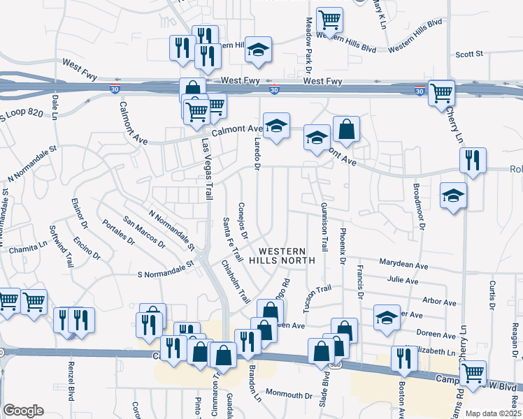 map of restaurants, bars, coffee shops, grocery stores, and more near 3005 Conejos Drive in Fort Worth