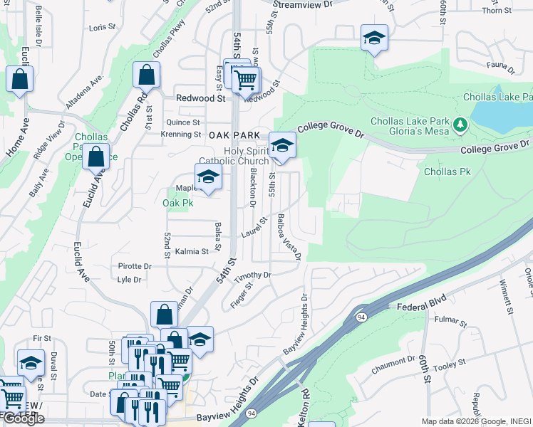 map of restaurants, bars, coffee shops, grocery stores, and more near 2450 55th Street in San Diego