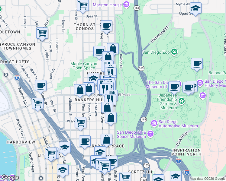 map of restaurants, bars, coffee shops, grocery stores, and more near 698 El Prado in San Diego