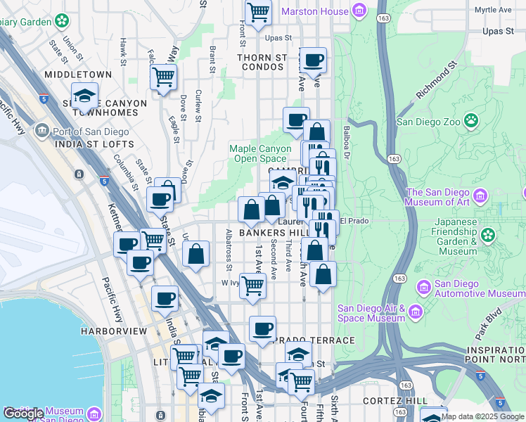 map of restaurants, bars, coffee shops, grocery stores, and more near in San Diego