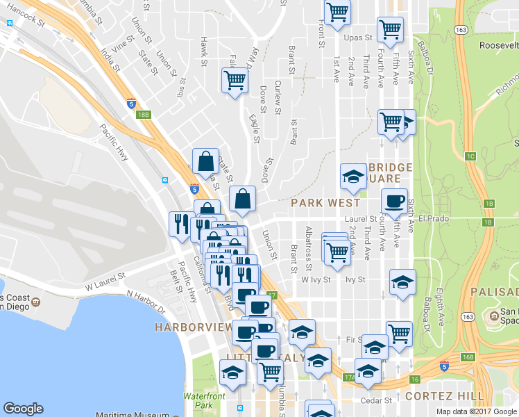 map of restaurants, bars, coffee shops, grocery stores, and more near 2545 1/2 State Street in San Diego