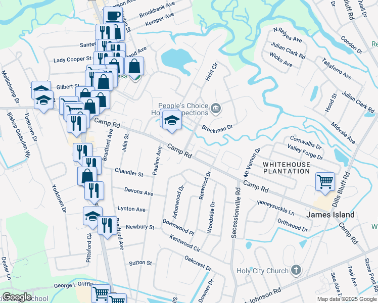 map of restaurants, bars, coffee shops, grocery stores, and more near 1457 Camp Road in Charleston
