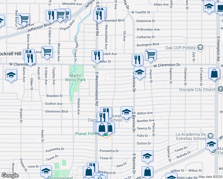 map of restaurants, bars, coffee shops, grocery stores, and more near 3030 Brandon Street in Dallas