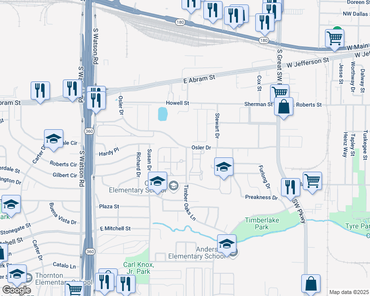 map of restaurants, bars, coffee shops, grocery stores, and more near 2815 Osler Drive in Grand Prairie