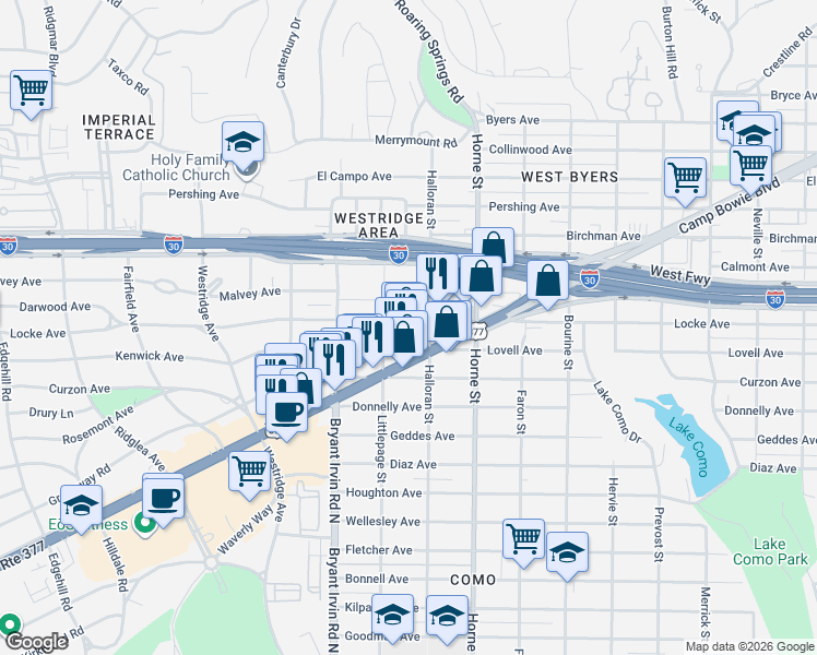 map of restaurants, bars, coffee shops, grocery stores, and more near 5800 Camp Bowie Boulevard in Fort Worth