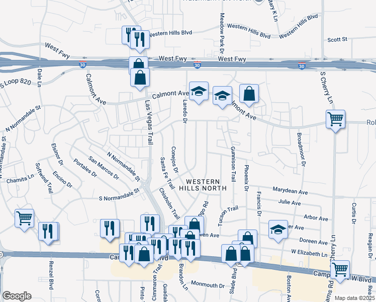 map of restaurants, bars, coffee shops, grocery stores, and more near 3005 Conejos Drive in Fort Worth