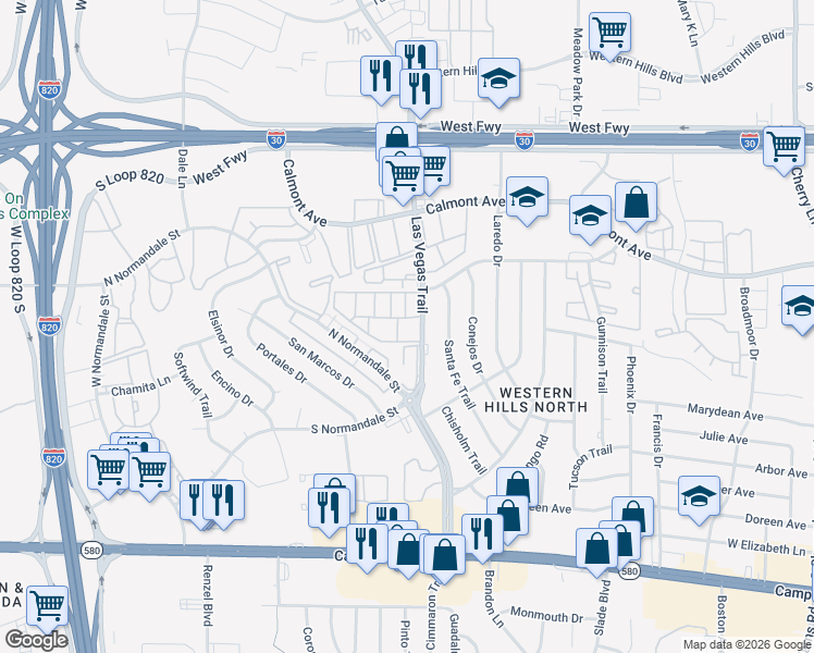 map of restaurants, bars, coffee shops, grocery stores, and more near 8617 Las Vegas Court in Fort Worth