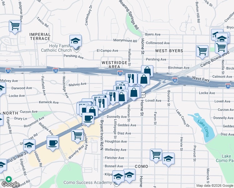 map of restaurants, bars, coffee shops, grocery stores, and more near 5837 Locke Avenue in Fort Worth