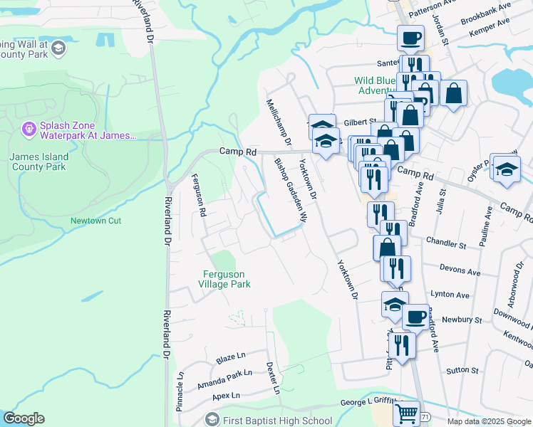 map of restaurants, bars, coffee shops, grocery stores, and more near 1 Bishop Gadsden Way in Charleston