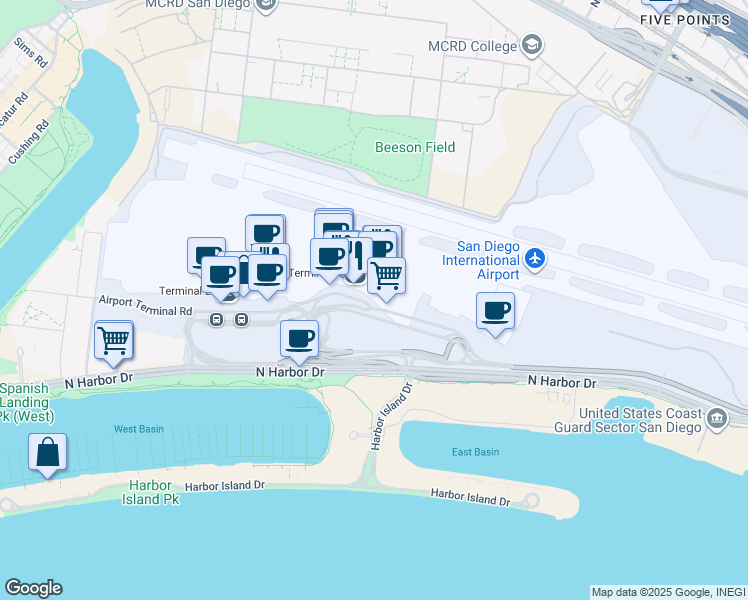 map of restaurants, bars, coffee shops, grocery stores, and more near 3225 North Harbor Drive in San Diego