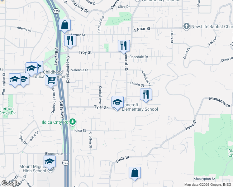 map of restaurants, bars, coffee shops, grocery stores, and more near 8931 Windham Court in Spring Valley