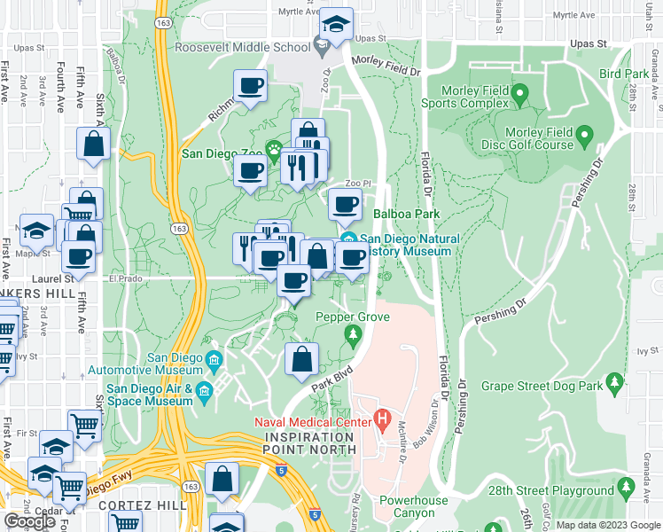 map of restaurants, bars, coffee shops, grocery stores, and more near 1800 El Prado in San Diego