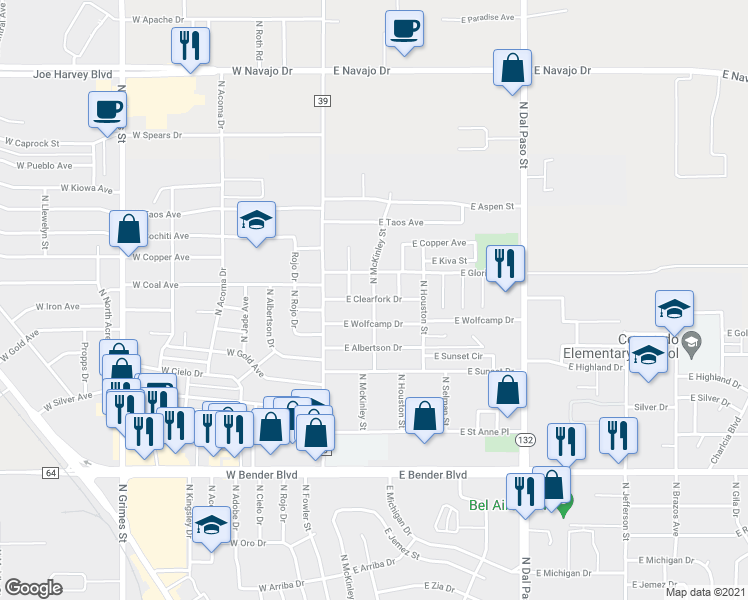 map of restaurants, bars, coffee shops, grocery stores, and more near 211 East Clearfork Drive in Hobbs