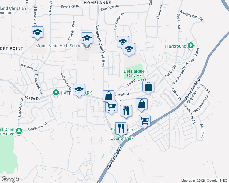 map of restaurants, bars, coffee shops, grocery stores, and more near 10284 Moorpark Street in Spring Valley