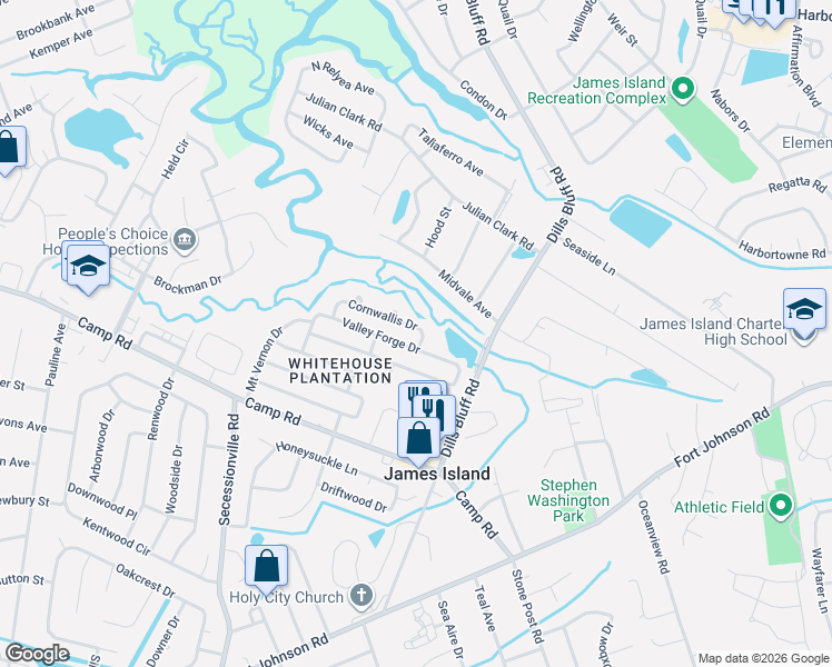 map of restaurants, bars, coffee shops, grocery stores, and more near 1235 Cornwallis Drive in Charleston