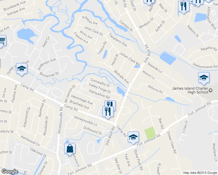 map of restaurants, bars, coffee shops, grocery stores, and more near 1235 Cornwallis Drive in Charleston
