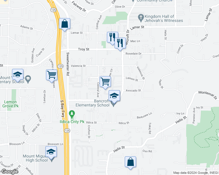 map of restaurants, bars, coffee shops, grocery stores, and more near 2449 Kings View Circle in Spring Valley