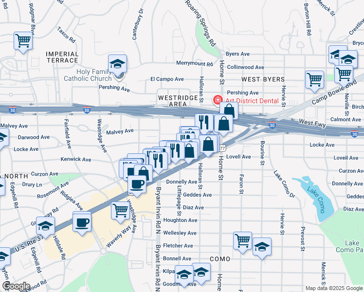 map of restaurants, bars, coffee shops, grocery stores, and more near 5837 Locke Avenue in Fort Worth