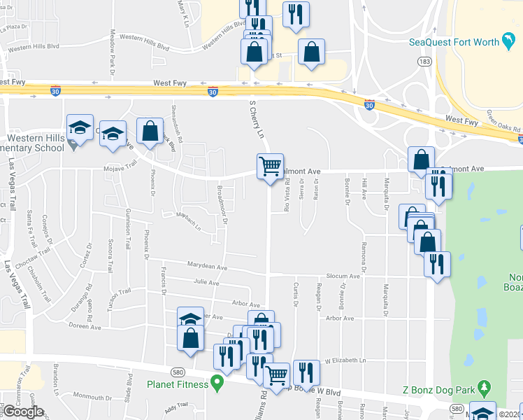 map of restaurants, bars, coffee shops, grocery stores, and more near 3000 South Cherry Lane in Benbrook