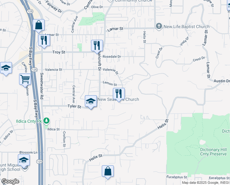 map of restaurants, bars, coffee shops, grocery stores, and more near 9080 Avocado Street in Spring Valley