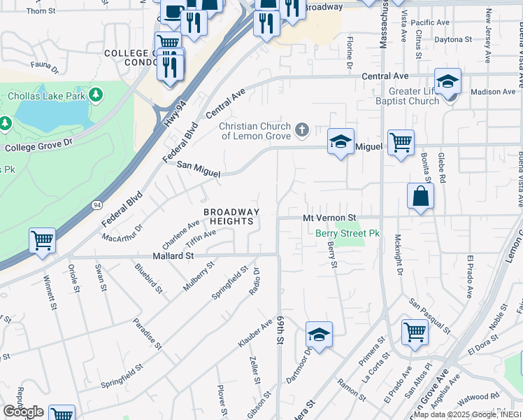map of restaurants, bars, coffee shops, grocery stores, and more near 2425 Madroncillo Street in San Diego