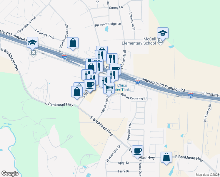 map of restaurants, bars, coffee shops, grocery stores, and more near 149 Willow Bend Drive in Willow Park