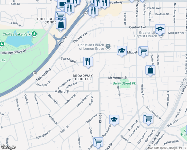 map of restaurants, bars, coffee shops, grocery stores, and more near 2425 Madroncillo Street in San Diego