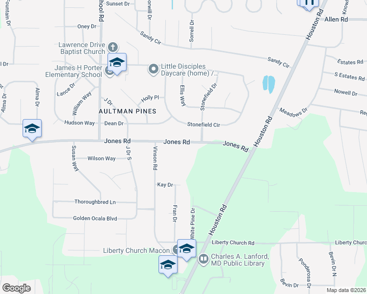 map of restaurants, bars, coffee shops, grocery stores, and more near 3660 Jones Road in Macon