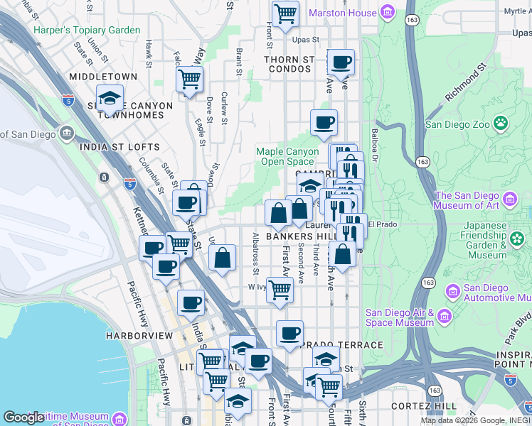 map of restaurants, bars, coffee shops, grocery stores, and more near 2520 Front Street in San Diego
