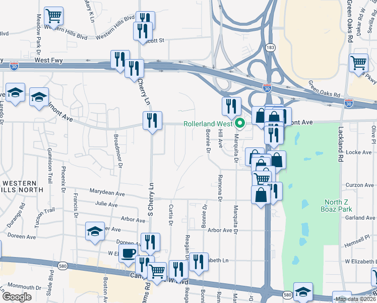 map of restaurants, bars, coffee shops, grocery stores, and more near 2917 Raton Drive in Fort Worth