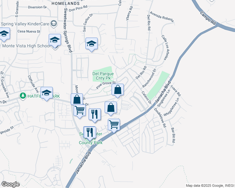 map of restaurants, bars, coffee shops, grocery stores, and more near 10491 Moorpark Street in Spring Valley