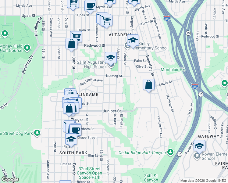 map of restaurants, bars, coffee shops, grocery stores, and more near 3315 Laurel Street in San Diego
