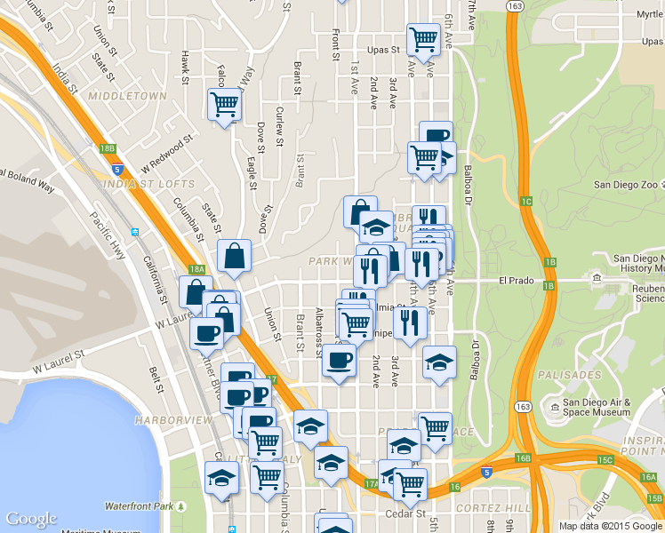 map of restaurants, bars, coffee shops, grocery stores, and more near 2520 Front Street in San Diego