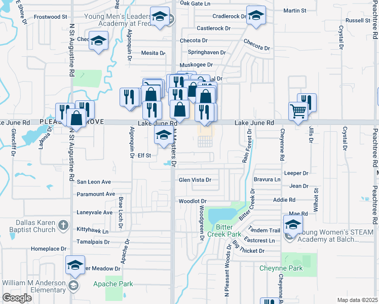 map of restaurants, bars, coffee shops, grocery stores, and more near 1180 North Masters Drive in Dallas