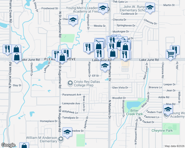 map of restaurants, bars, coffee shops, grocery stores, and more near 10020 Elf Street in Dallas