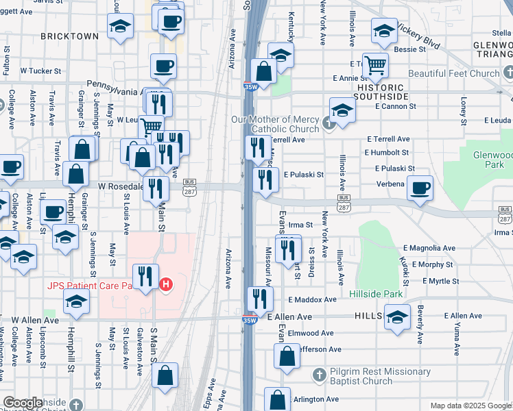 map of restaurants, bars, coffee shops, grocery stores, and more near 1203 South Freeway in Fort Worth