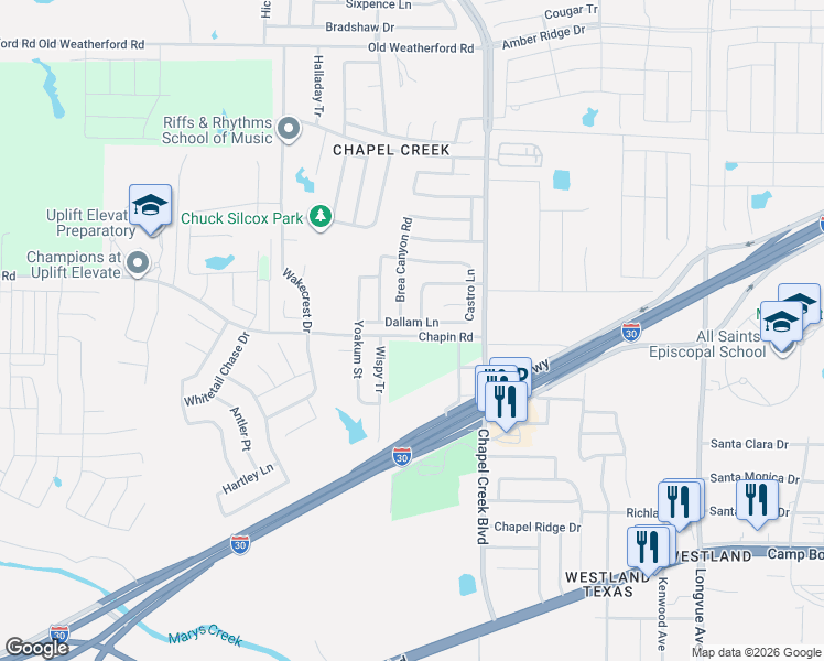 map of restaurants, bars, coffee shops, grocery stores, and more near 10245 Dallam Lane in Fort Worth