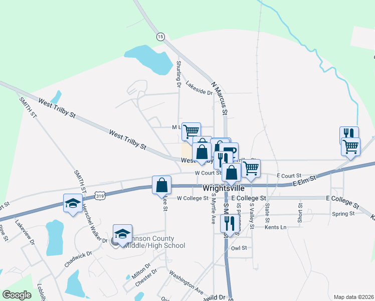 map of restaurants, bars, coffee shops, grocery stores, and more near 298 West Trilby Street in Wrightsville