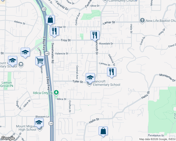 map of restaurants, bars, coffee shops, grocery stores, and more near 2157 Kings View Circle in Spring Valley