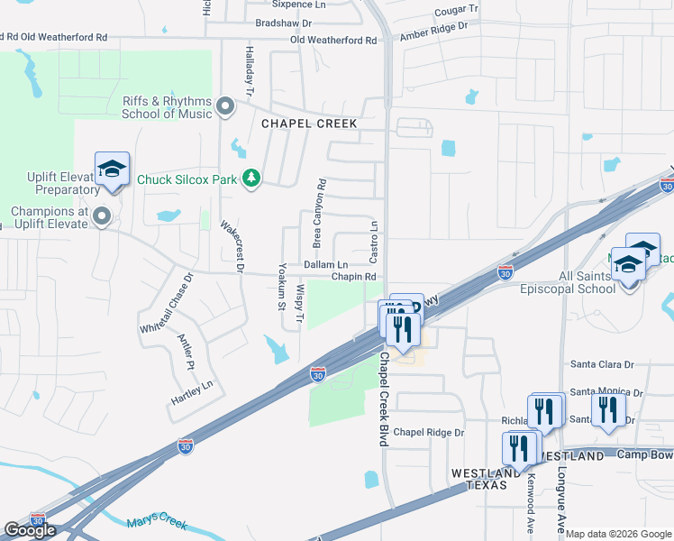 map of restaurants, bars, coffee shops, grocery stores, and more near 10245 Dallam Lane in Fort Worth