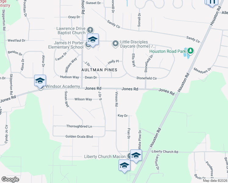 map of restaurants, bars, coffee shops, grocery stores, and more near 6541 Vinson Road in Macon