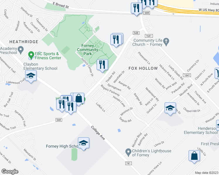 map of restaurants, bars, coffee shops, grocery stores, and more near 942 Springtown in Forney