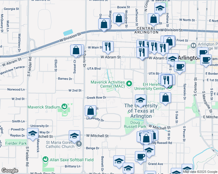 map of restaurants, bars, coffee shops, grocery stores, and more near 909 Greek Row Drive in Arlington