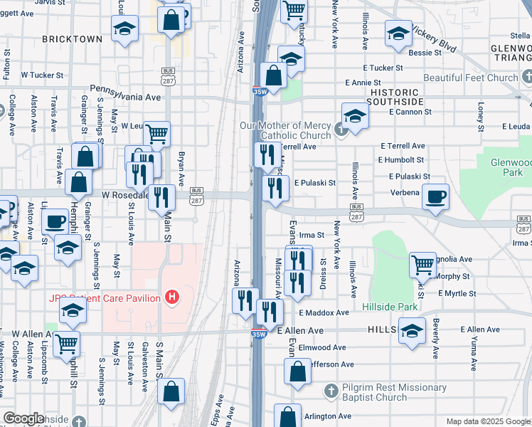 map of restaurants, bars, coffee shops, grocery stores, and more near 1203 South Freeway in Fort Worth