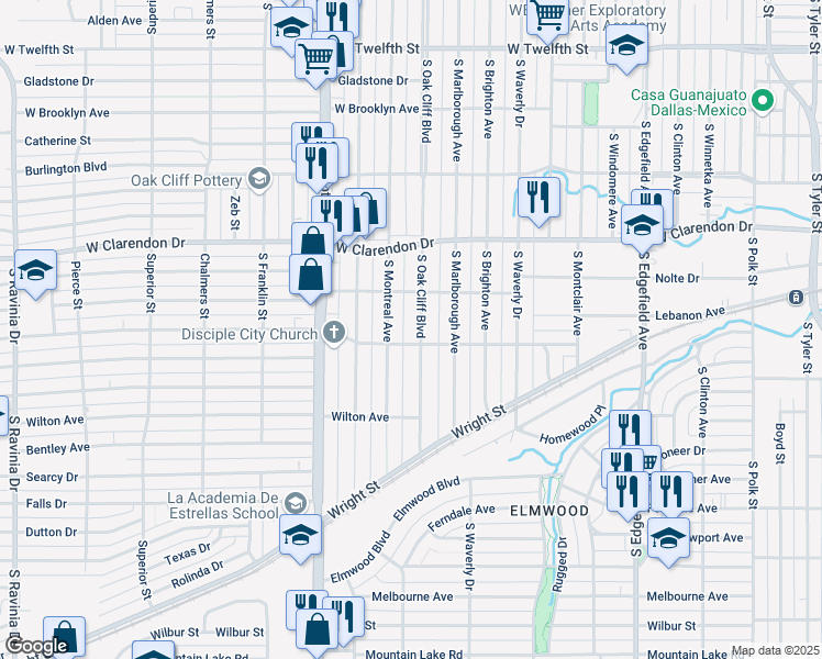 map of restaurants, bars, coffee shops, grocery stores, and more near 1303 South Oak Cliff Boulevard in Dallas