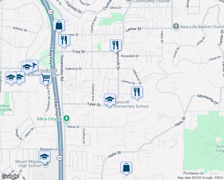 map of restaurants, bars, coffee shops, grocery stores, and more near 8907 Windham Court in Spring Valley