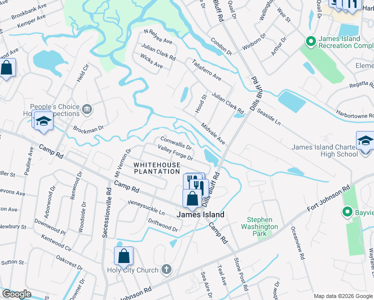 map of restaurants, bars, coffee shops, grocery stores, and more near 1241 Valley Forge Drive in Charleston